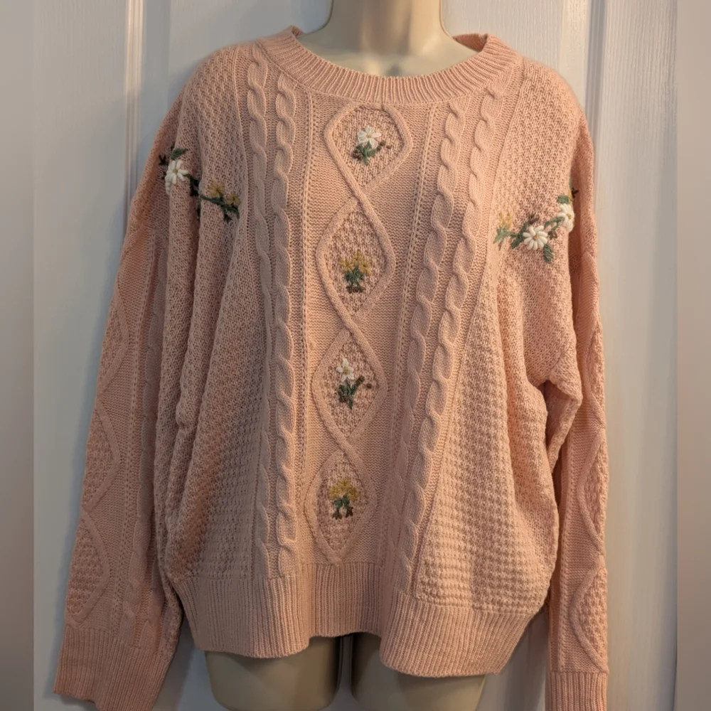 So Me Pink Cable Knit Sweater with Floral Embroidery Size Medium - Picture 2 of 7